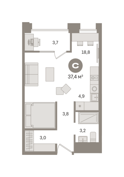 Новая квартира-студия
 37.35 м² на 6/17 этаже в ЖК «Гудзон» в городе Тюмень 