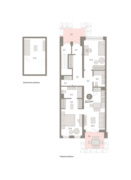 Новая 2-к квартира
 112.45 м² на 1/6 этаже в ЖК «Зарека» в городе Тюмень 