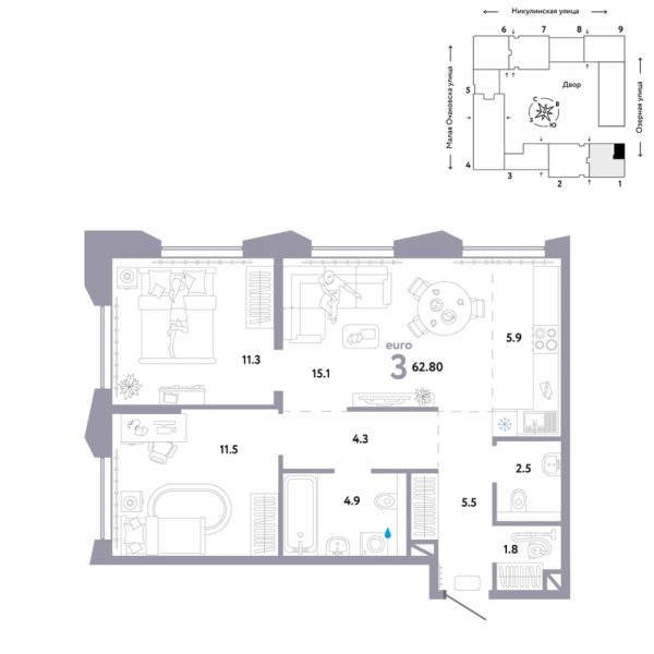 Новая 3-к квартира
 62.8 м² на 23/30 этаже в ЖК «Страна.Озёрная» в городе Тюмень 