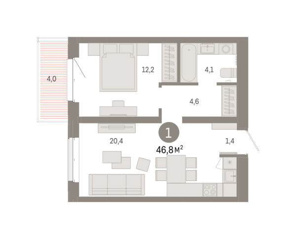 Новая 1-к квартира
 46.76 м² на 6/7 этаже в ЖК «Кварталы «На Минской»» в городе Тюмень 