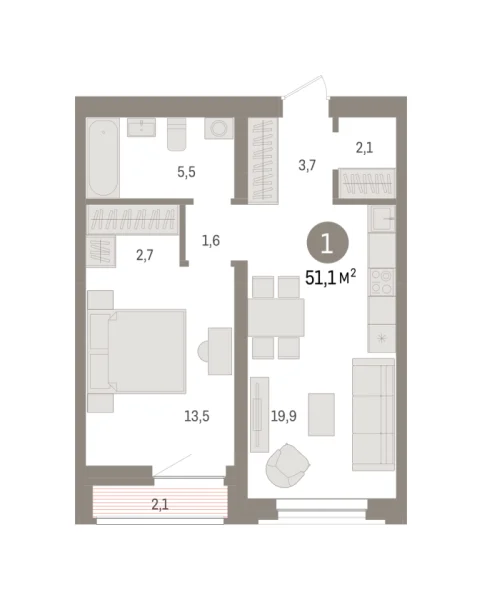 Новая 1-к квартира
 51.1 м² на 5/7 этаже в ЖК «Речной порт» в городе Тюмень 