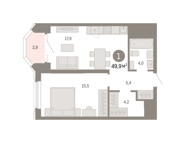 Новая 1-к квартира
 49.9 м² на 16/24 этаже в ЖК «На Некрасова» в городе Тюмень 