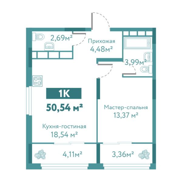 Новая 1-к квартира
 50.54 м² на 5/10 этаже в ЖК «Акватория» в городе Тюмень 