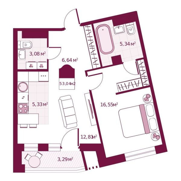 Новая 1-к квартира
 53.04 м² на 2/6 этаже в ЖК «Secret Place» в городе Тюмень 