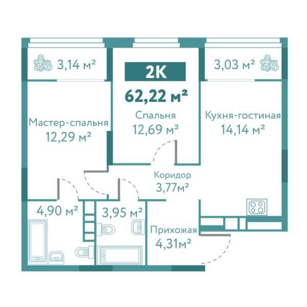 Новая 2-к квартира
 62.22 м² на 5/10 этаже в ЖК «Акватория» в городе Тюмень 