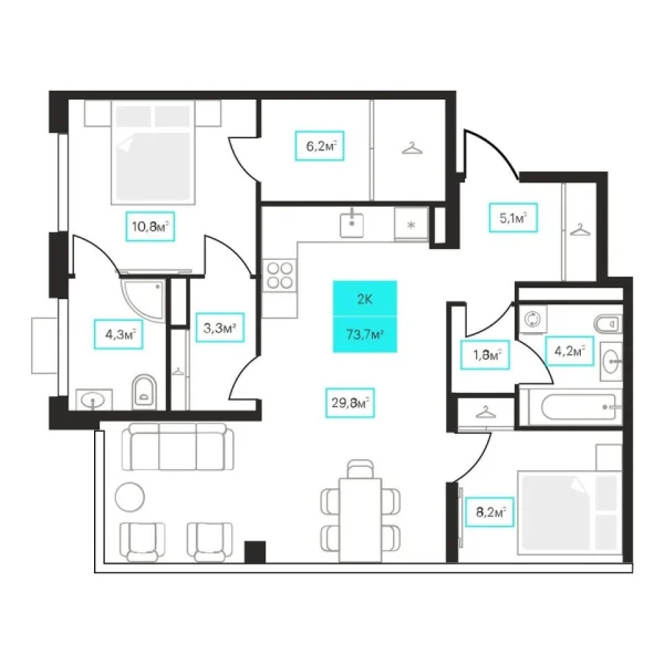 Новая 2-к квартира
 73.7 м² на 14/23 этаже в ЖК «Futuro» в городе Тюмень 