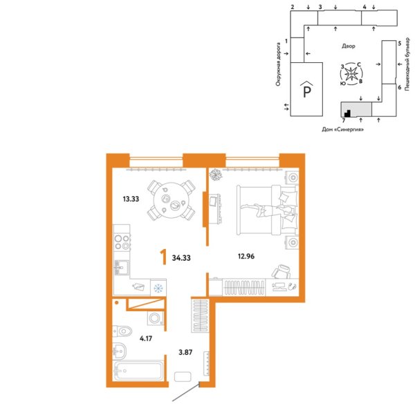 Новая 1-к квартира
 34.33 м² на 13/16 этаже в ЖК «Юнион» в городе Тюмень 