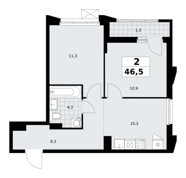 Новая 2-к квартира
 46.5 м² на 3/16 этаже в ЖК «Деснаречье» в городе Тюмень 