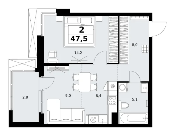 Новая 2-к квартира
 47.5 м² на 8/21 этаже в ЖК «Дзен-кварталы» в городе Тюмень 