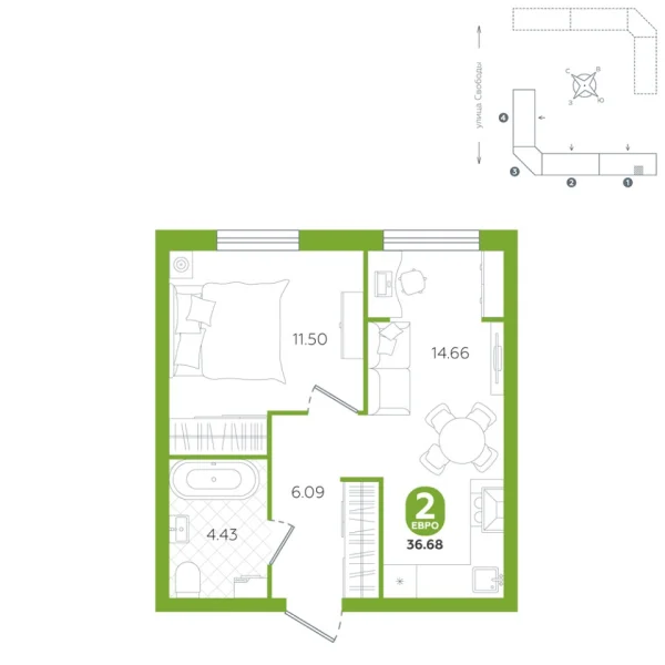 Новая 2-к квартира
 36.68 м² на 3/5 этаже в ЖК «Счастье» в городе Тюмень 
