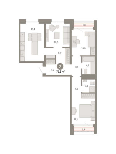 Новая 2-к квартира
 79.5 м² на 2/7 этаже в ЖК «Южные кварталы» в городе Тюмень 