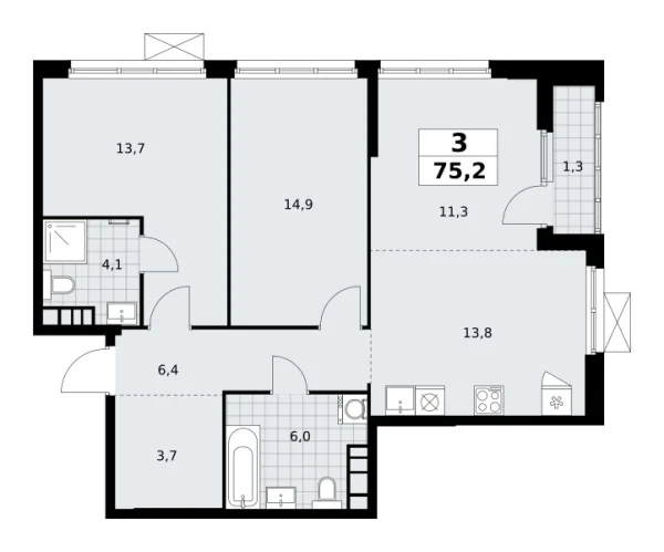 Новая 3-к квартира
 75.2 м² на 22/24 этаже в ЖК «Южные сады» в городе Тюмень 