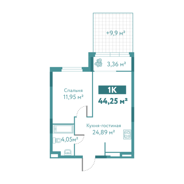 Новая 1-к квартира
 44.25 м² на 1/10 этаже в ЖК «Акватория» в городе Тюмень 