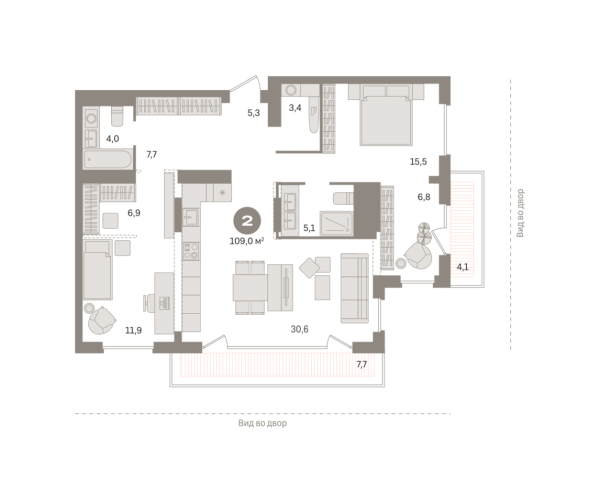 Новая 2-к квартира
 109.02 м² на 25/25 этаже в ЖК «Октябрьский на Туре» в городе Тюмень 