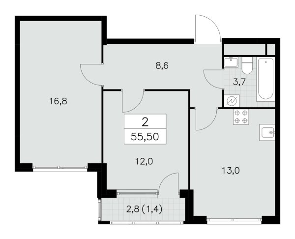 Новая 2-к квартира
 55.5 м² на 30/30 этаже в ЖК «Южные сады» в городе Тюмень 
