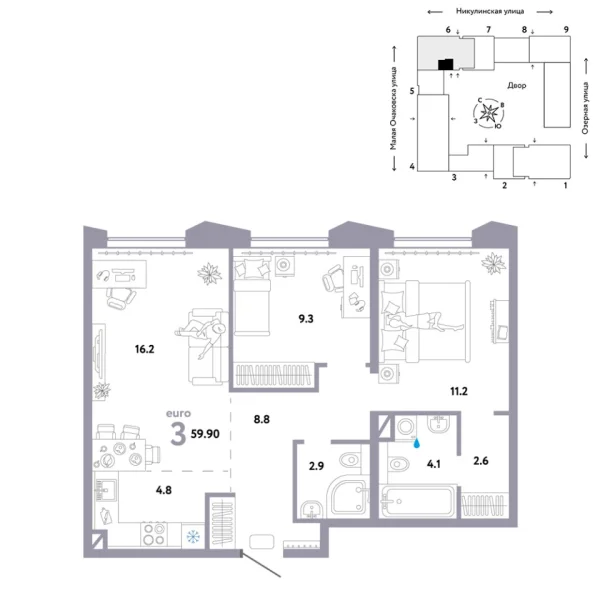 Новая 3-к квартира
 59.9 м² на 30/30 этаже в ЖК «Страна.Озёрная» в городе Тюмень 