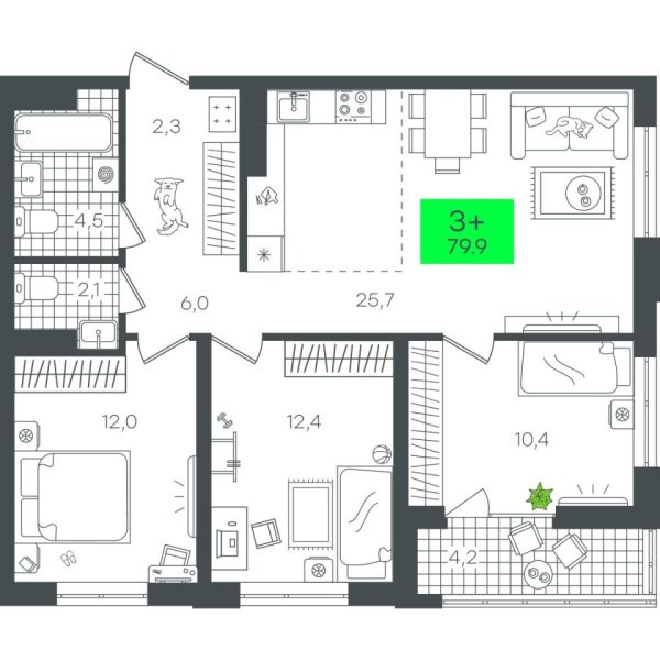 Новая 3-к квартира
 79.9 м² на 6/21 этаже в ЖК «Гранд Квартал» в городе Тюмень 