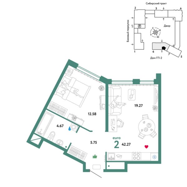 Новая 2-к квартира
 42.27 м² на 13/32 этаже в ЖК «Сибирский сад» в городе Тюмень 