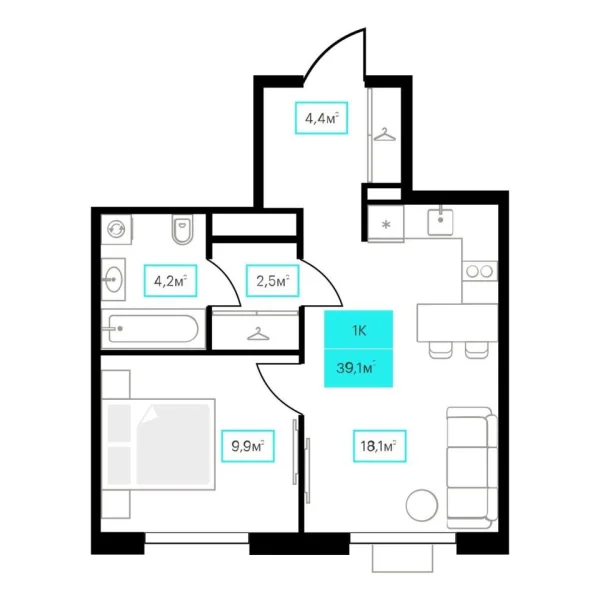 Новая 1-к квартира
 39.1 м² на 12/23 этаже в ЖК «Futuro» в городе Тюмень 