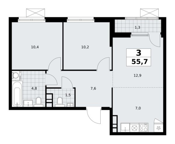 Новая 3-к квартира
 55.7 м² на 17/30 этаже в ЖК «Южные сады» в городе Тюмень 