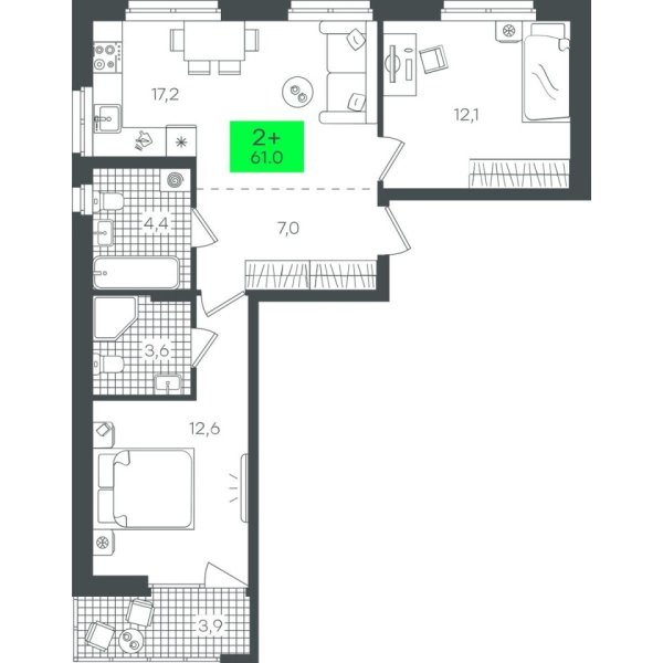 Новая 2-к квартира
 61.08 м² на 4/22 этаже в ЖК «Гранд Квартал» в городе Тюмень 