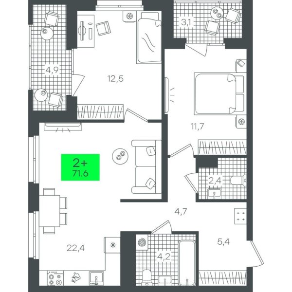 Новая 2-к квартира
 71.64 м² на 10/22 этаже в ЖК «Гранд Квартал» в городе Тюмень 