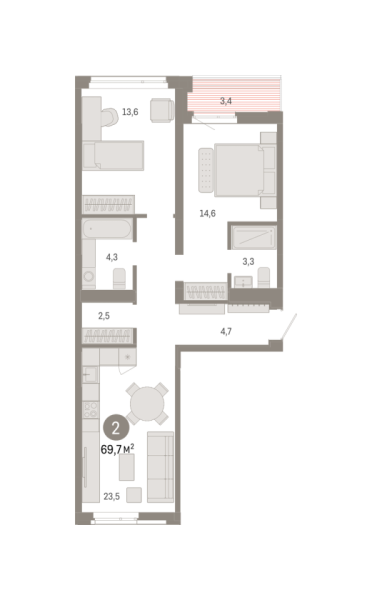 Новая 2-к квартира
 69.73 м² на 9/9 этаже в ЖК «Республики 205» в городе Тюмень 