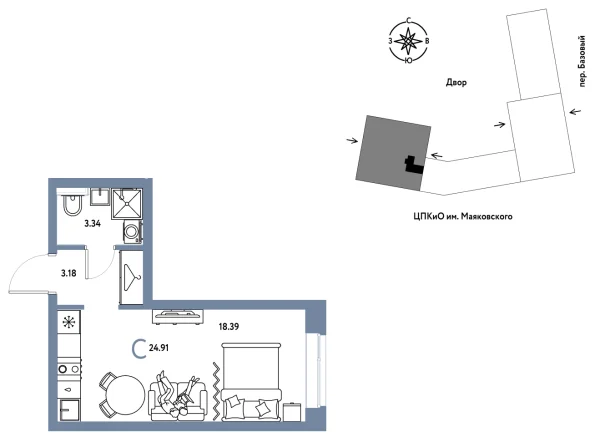Новая квартира-студия
 24.91 м² на 4/25 этаже в ЖК «Сибирский сад» в городе Тюмень 