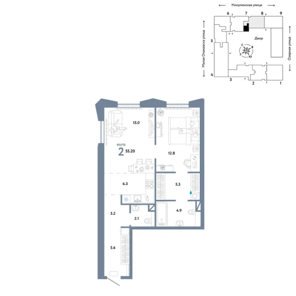 Новая 2-к квартира
 55.2 м² на 4/30 этаже в ЖК «Страна.Озёрная» в городе Тюмень 