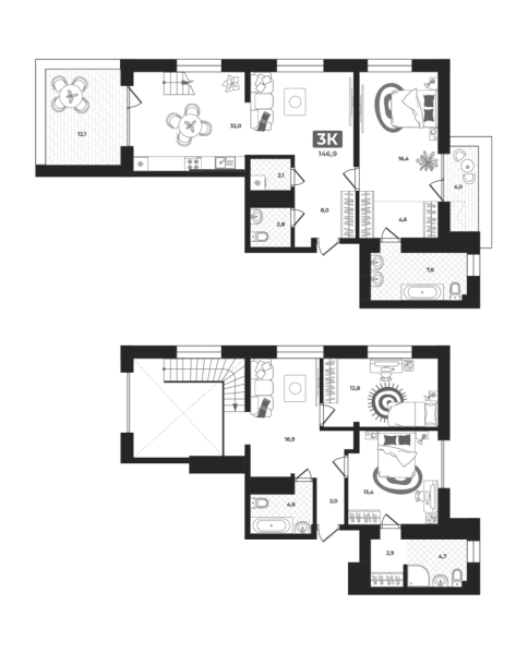 Новая 3-к квартира
 146.9 м² на 15/22 этаже в ЖК «Маэстро» в городе Тюмень 