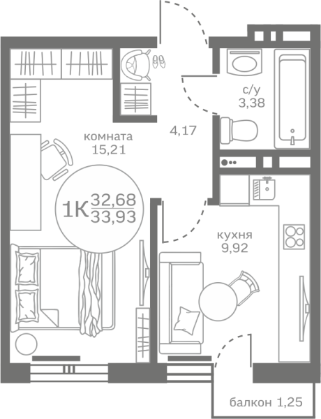 Новая 1-к квартира
 32.68 м² на 9/17 этаже в ЖК «Меридиан ЮГ» в городе Тюмень 