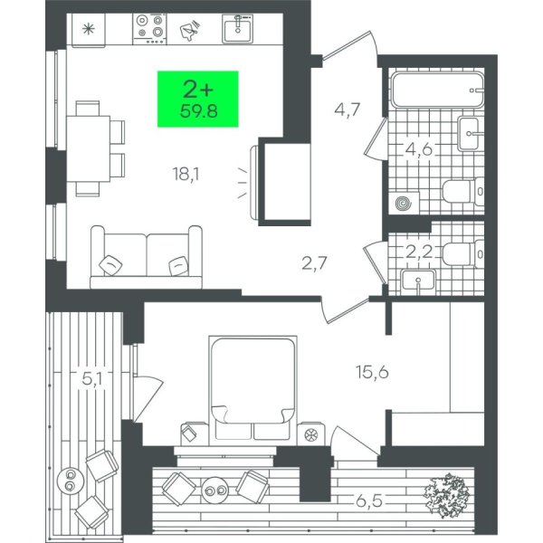 Новая 1-к квартира
 59.87 м² на 6/22 этаже в ЖК «Гранд Квартал» в городе Тюмень 