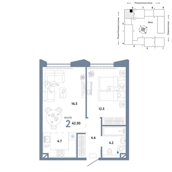 Новая 2-к квартира
 42.5 м² на 15/30 этаже в ЖК «Страна.Озёрная» в городе Тюмень 