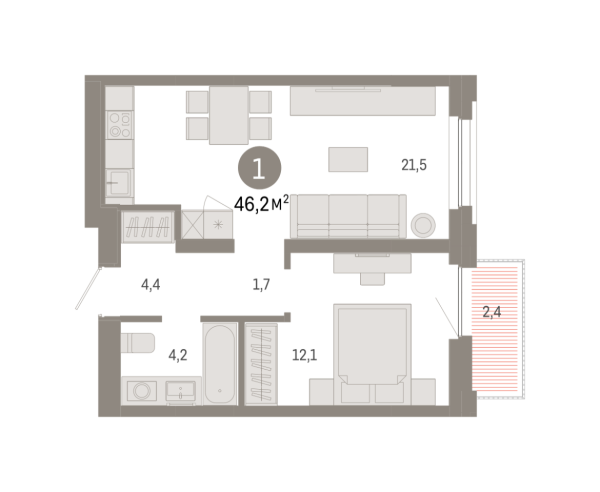 Новая 1-к квартира
 46.19 м² на 6/9 этаже в ЖК «Зарека» в городе Тюмень 