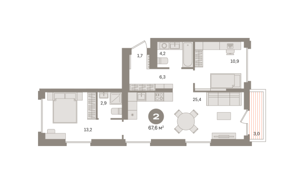 Новая 2-к квартира
 67.58 м² на 2/9 этаже в ЖК «Первый квартал» в городе Тюмень 