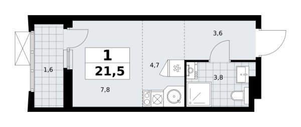 Новая 1-к квартира
 21.5 м² на 14/23 этаже в ЖК «Дзен-кварталы» в городе Тюмень 