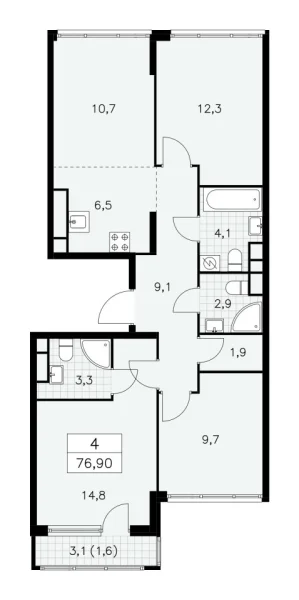 Новая 4-к квартира
 76.9 м² на 29/30 этаже в ЖК «Южные сады» в городе Тюмень 