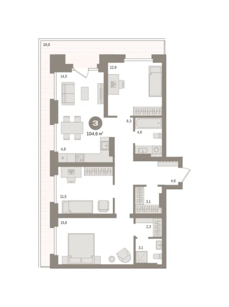 Новая 3-к квартира
 104.6 м² на 8/9 этаже в ЖК «Речной порт» в городе Тюмень 