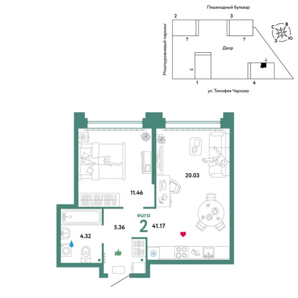 Новая 2-к квартира
 41.17 м² на 30/31 этаже в ЖК «Звёздный» в городе Тюмень 