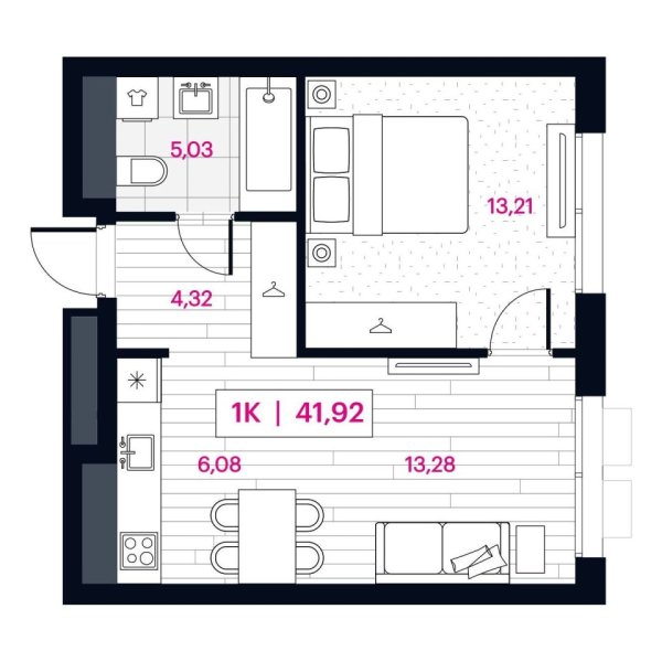 Новая 1-к квартира
 41.92 м² на 2/16 этаже в ЖК «Пушкина» в городе Тюмень 