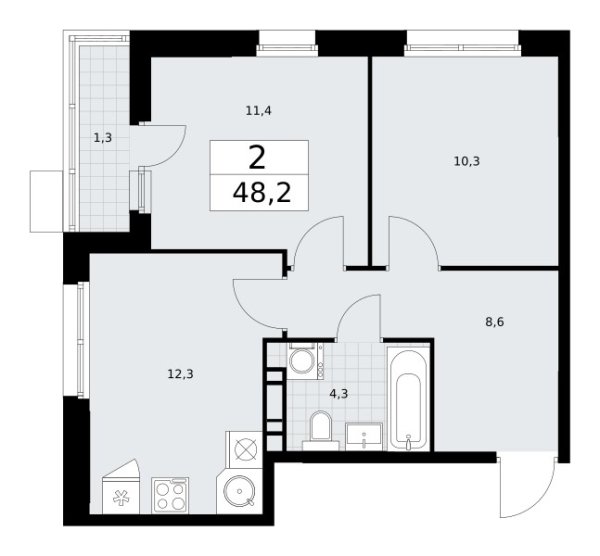 Новая 2-к квартира
 48.2 м² на 6/10 этаже в ЖК «Родные кварталы» в городе Тюмень 