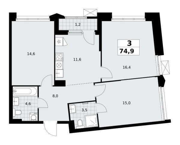 Новая 3-к квартира
 74.9 м² на 10/16 этаже в ЖК «Деснаречье» в городе Тюмень 