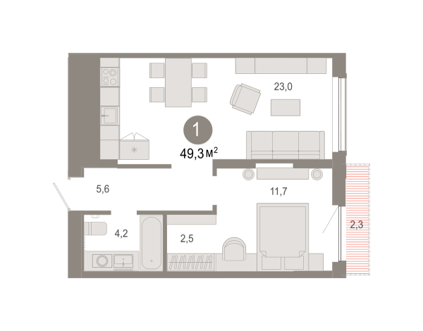 Новая 1-к квартира
 49.29 м² на 13/17 этаже в ЖК «Октябрьский на Туре» в городе Тюмень 