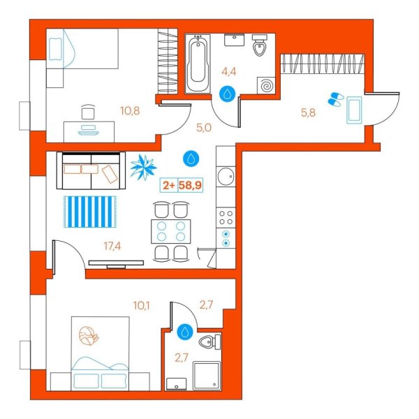 Новая 2-к квартира
 58.6 м² на 18/22 этаже в ЖК «SuperSky» в городе Тюмень 