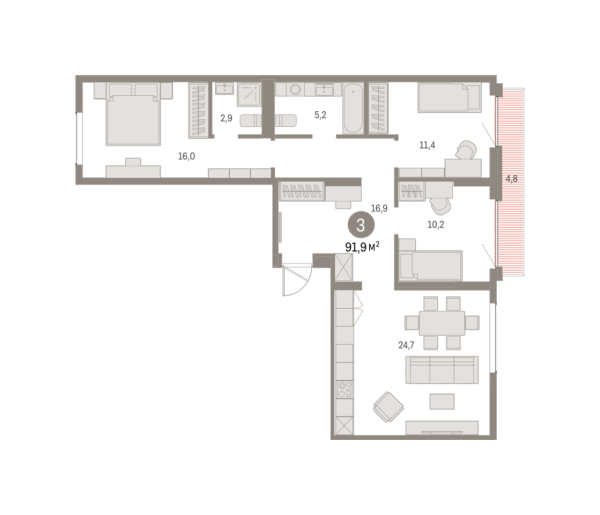 Новая 3-к квартира
 91.93 м² на 5/9 этаже в ЖК «Брусника в Академическом» в городе Тюмень 