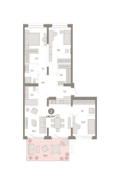 Новая 3-к квартира
 140.38 м² на 2/7 этаже в ЖК «Кварталы «На Минской»» в городе Тюмень 