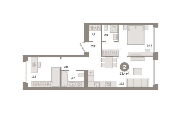 Новая 2-к квартира
 63.4 м² на 2/7 этаже в ЖК «Дом «А»» в городе Тюмень 