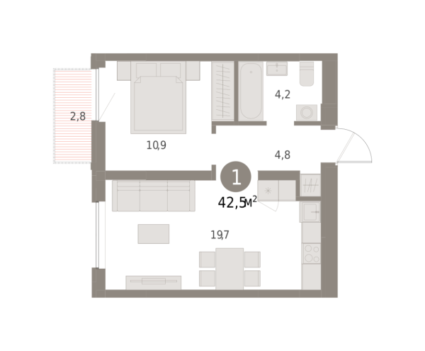 Новая 1-к квартира
 42.5 м² на 5/8 этаже в ЖК «Шишимская горка» в городе Тюмень 