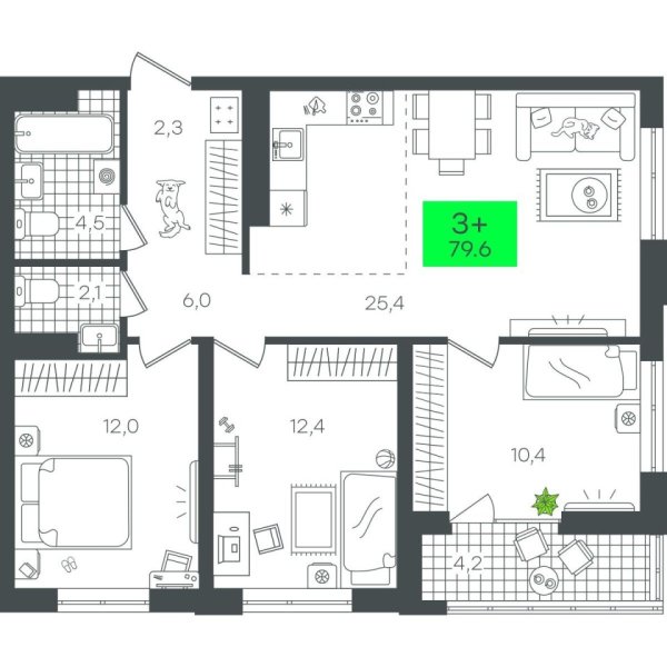 Новая 3-к квартира
 79.63 м² на 11/21 этаже в ЖК «Гранд Квартал» в городе Тюмень 
