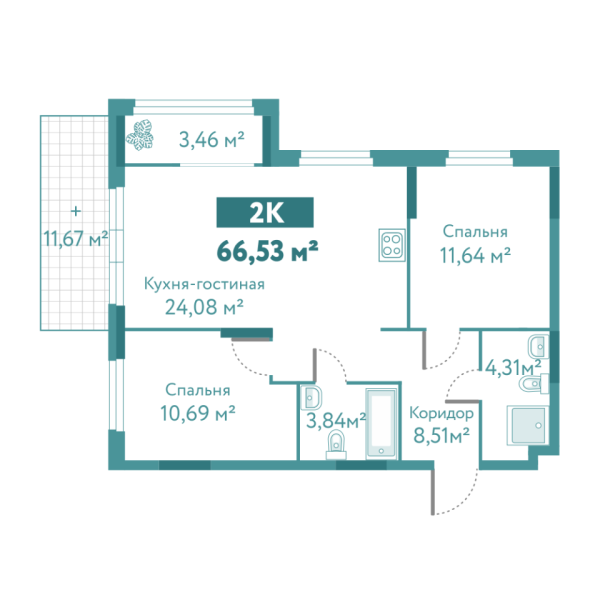 Новая 2-к квартира
 66.53 м² на 1/10 этаже в ЖК «Акватория» в городе Тюмень 